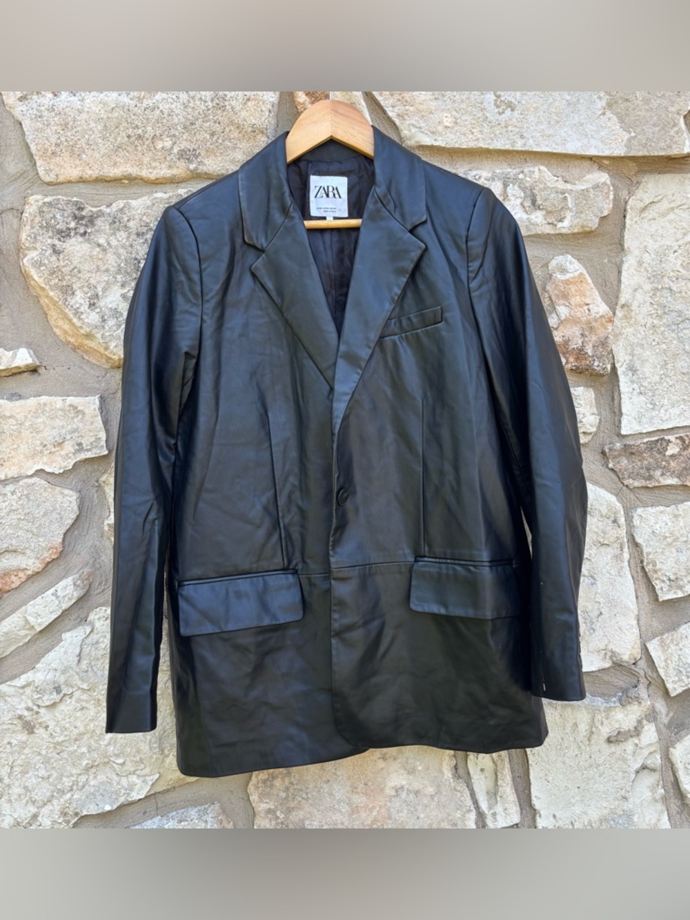 black Zara faux leather blazer in a straight-cut or menswear style size medium